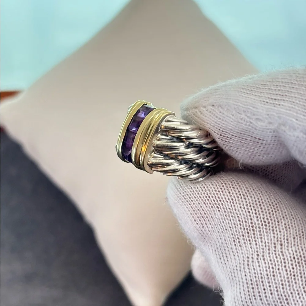 David Yurman 925 & 14k Gold Triple Cable Ring with Amethyst 5.5